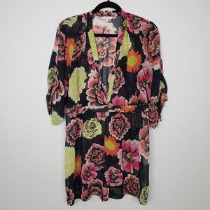 Cabi 400 Gemini Sheer Floral Tunic Size XL V-Neck Ruched Sleeves